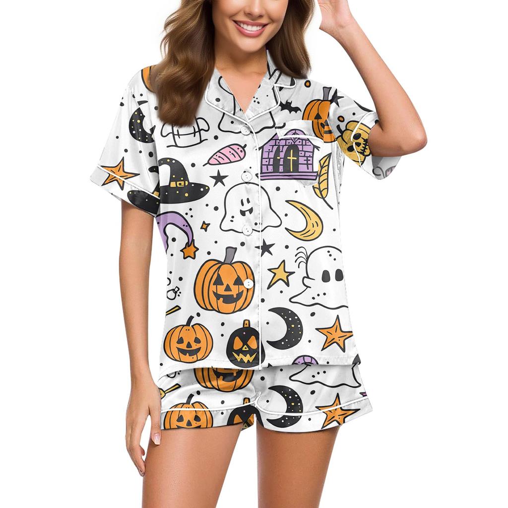 Женский повседневный модный домашний костюм с принтом на Хэллоуин, с коротким рукавом