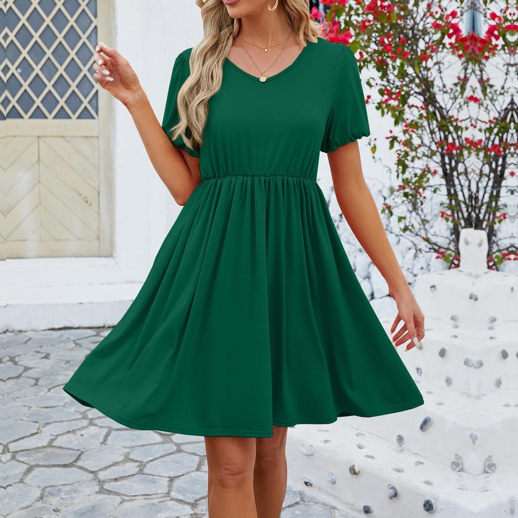 Women's Solid Colour V-Neck Puffy Sleeve Pleated Big Hem Dress Fashion Dresses