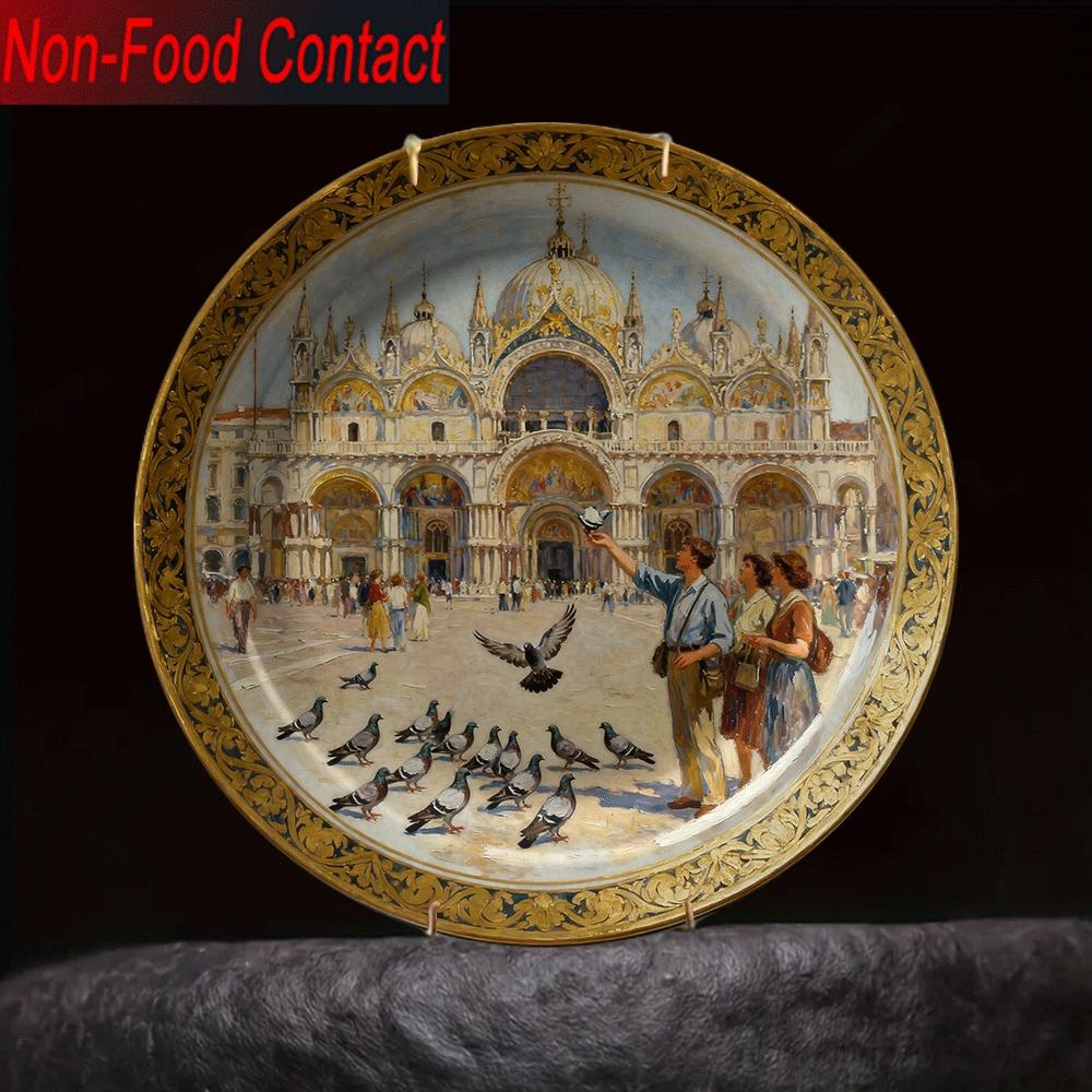 1pc Venetian St. Mark'S Square Ceramic Decorative Plate - Non-Food Contact, Classic Round Tabletop Art for Home, Office, or