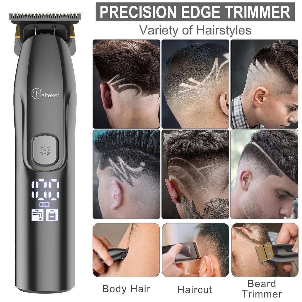 Hatteker Men's Hair Clipper Cordless Beard Trimmer T Trimmer Waterproof Haircutt Kit Hairdressing Cape and Scissors