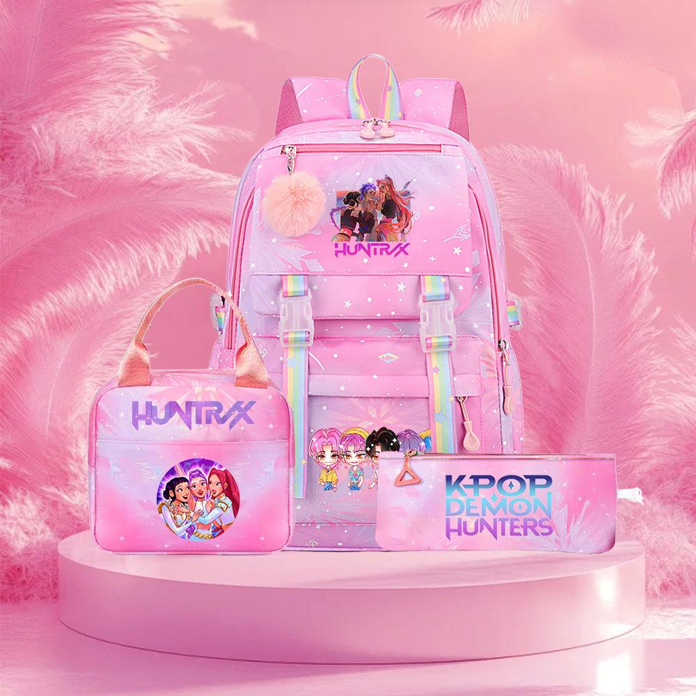 Kpop Demon Hunter Girl Troupe Elementary School Bag Three-Piece Set Lightweight Burden Reduction High School Girls School Bag Large Capacity Backpack