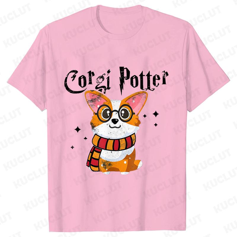 Kawaii Corgi Potter T-Shirt for Women Clothing Fashion Corgi Dog Lovers Cute Graphic Tees Short Sleeve Shirt Femme Streetwear