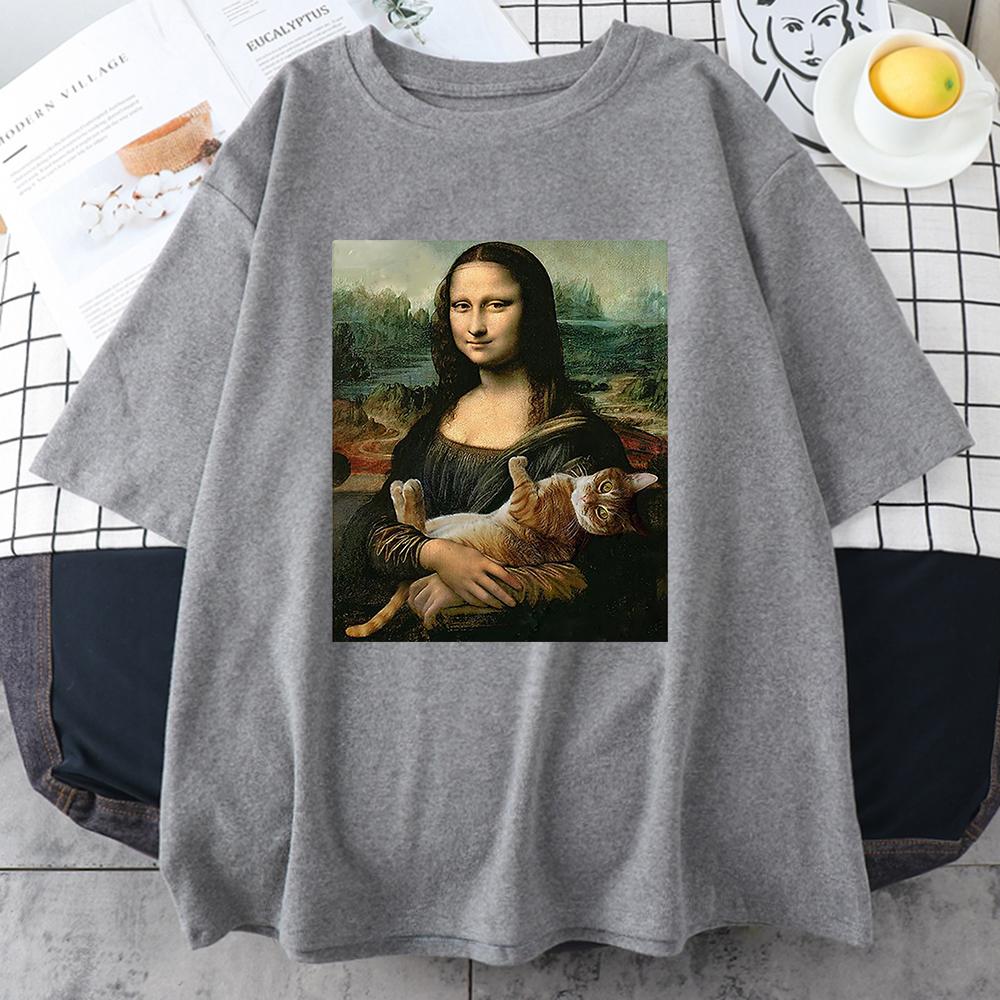 Забавная футболка с принтом «Мона Лиза и кот» для мужчин, летняя хлопковая футболка, свободная дышащая одежда, уличная мода, повседневные футболки с коротким рукавом