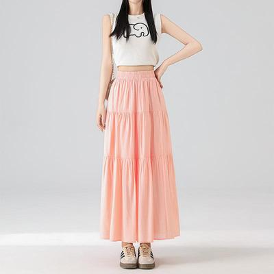 Летняя розовая миди-юбка А-силуэта с эластичной талией, 2025: Свободный крой, стройнящий дизайн для повседневной носки.