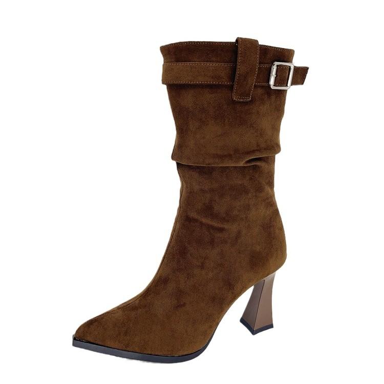 Мода Мода Пряжка для ремня Современные ботинки Женские 2025 Высокое качество Женская обувь Слипоны Женские ботинки Сексуальный острый носок Сапоги до колена