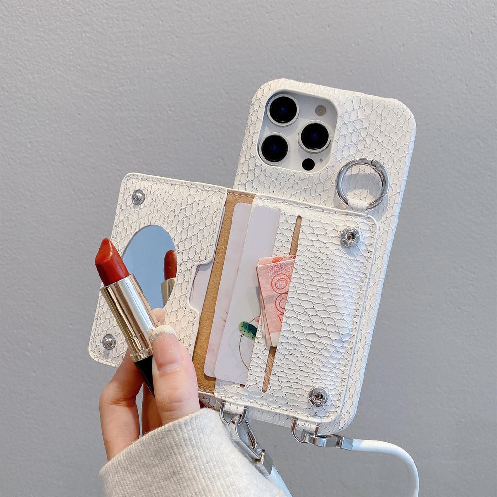 For iPhone 15 Pro Case Card Holder Mirror Snake Texture PU+PC Back Cover with Lanyard