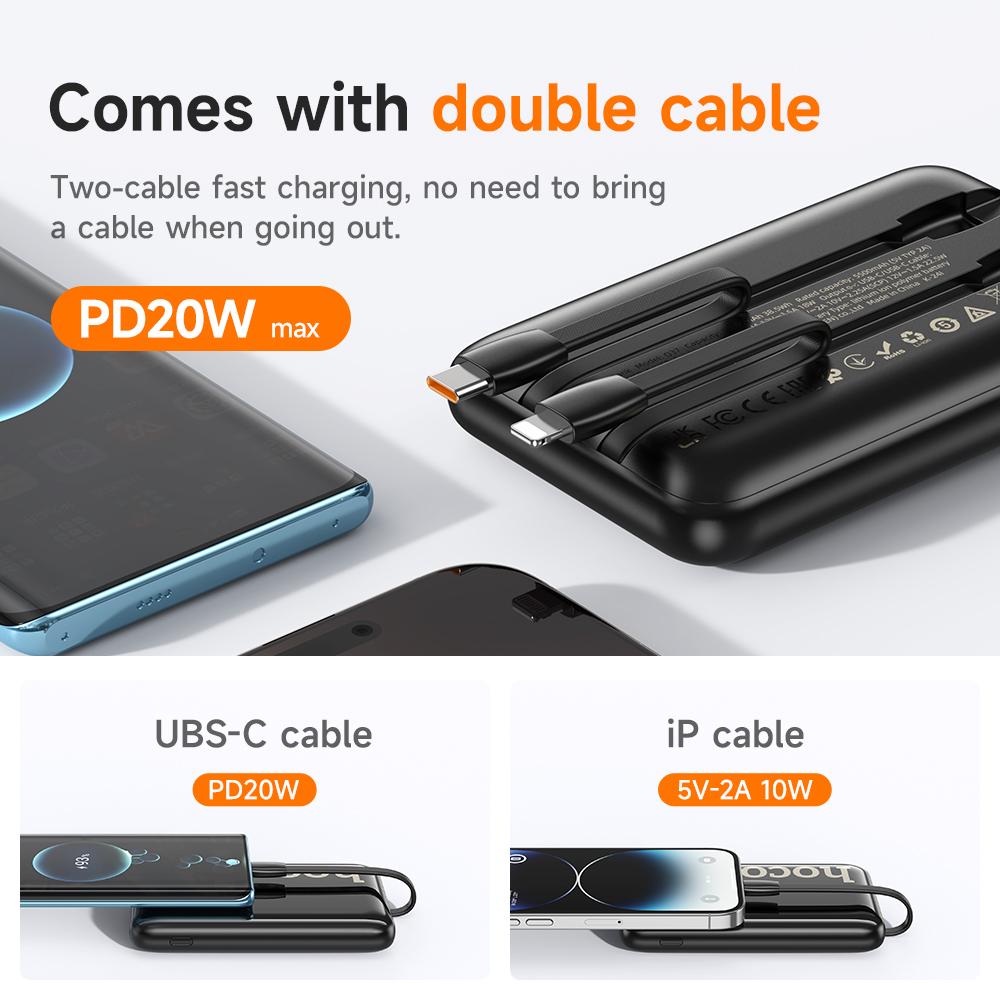 Hoco . Q37 10000 мАч 22.5 Вт Повербанк со встроенными кабелями USB-C/Lightning, быстрая зарядка PD20W, цифровой дисплей