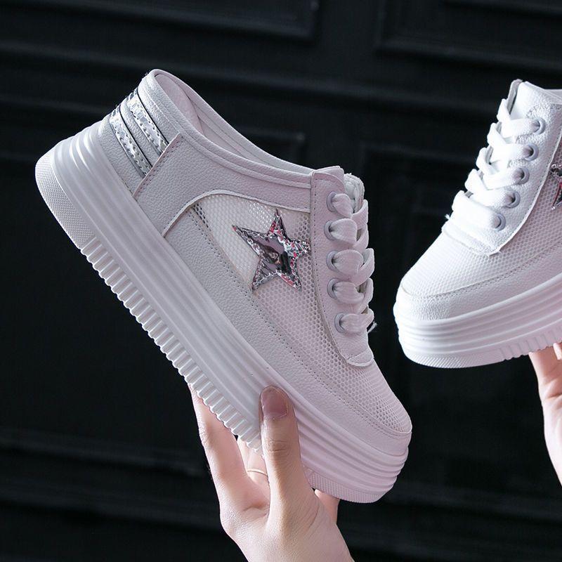 Женские летние дышащие тапочки на высоком каблуке с толстой подошвой, обувь для ленивых на толстой подошве, женская обувь без шнуровки с увеличенной подошвой