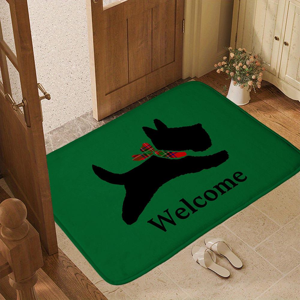 Scottish Terrier Welcome Doormat Black Scottie Dog Red Plaid Scarf Green Entrance Rug Cute Dog Welcome Floor Mat Home Decor