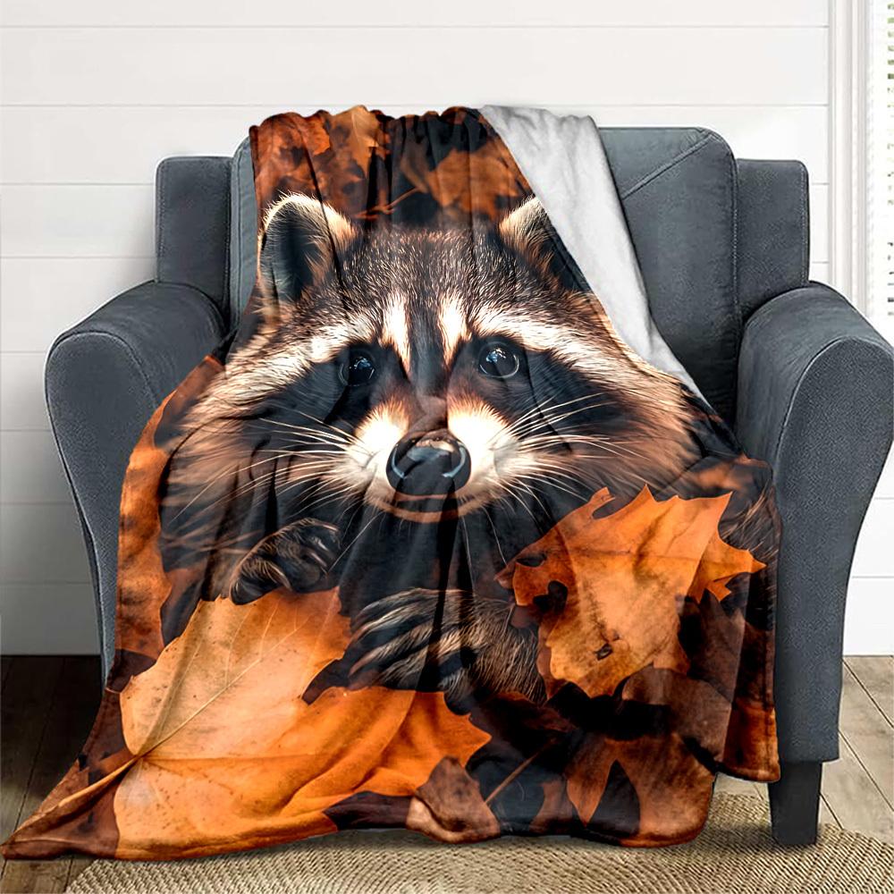 1PC Raccoon, Autumn Leaves Blanket - Soft Warm All-Season Throw for Sofa, Bed, Car, Office, Throw For Sofa yy250916083