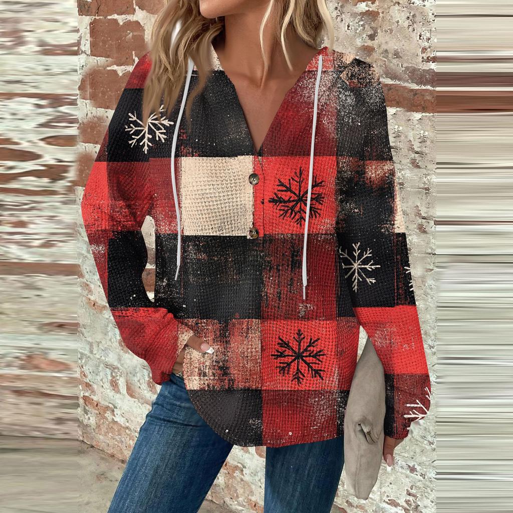 Женская мода с длинным рукавом, завязками на шнурке, капюшоном, пуговицами, V-образным вырезом, повседневная толстовка с капюшоном и рождественским принтом