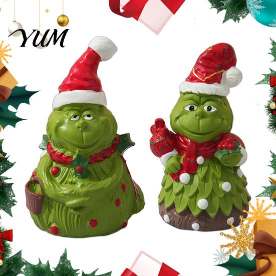 Outdoor Garden Statues Christmas Green Monsters Ornament with Santa Hat And Scarf, Resin Frog Elf Figurine for Home Decoration, Landscaping