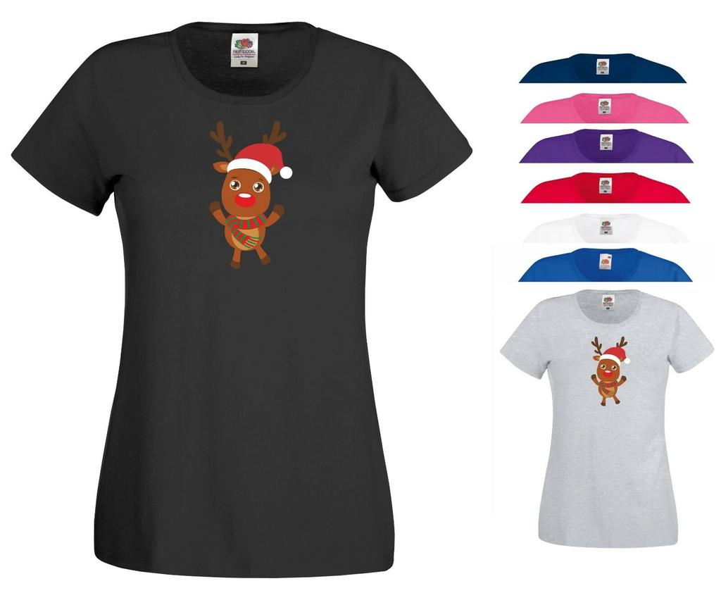 Santa Rudolph T Shirt Red Nose Reindeer Funny Christmas Xmas Gift Women Tee Top
