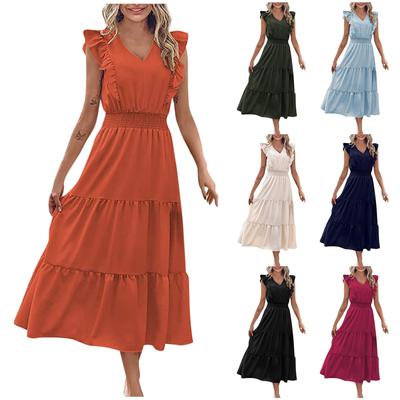 Женское повседневное летнее платье без рукавов с оборками и V-образным вырезом, свободное длинное платье