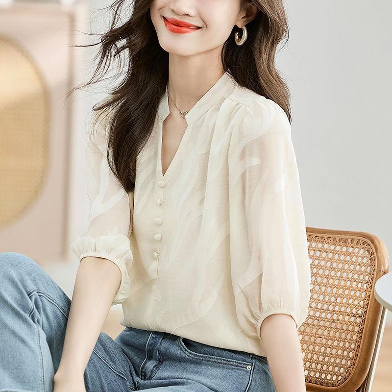 Женская рубашка из шифона с рукавами пять четвертей, жаккардовая летняя новая модная свободная рубашка