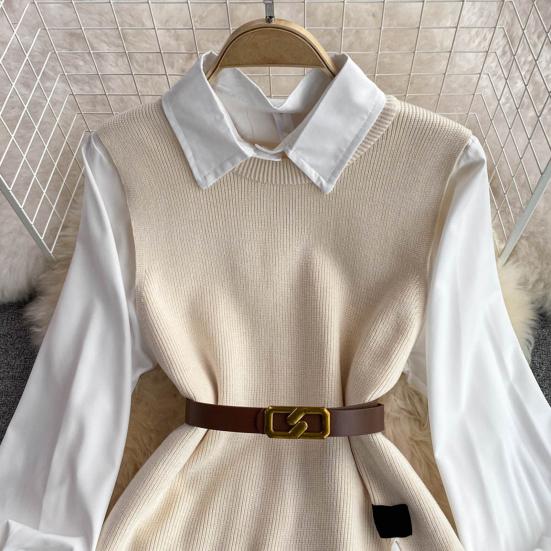 3Pcs/Set Women Shirt Vest Set Lapel Lantern Long Sleeve Single Breasted Shirt O-neck Side Slit Knitting Vest Set with Belt