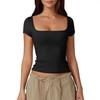 Women's Slimming Solid Color Crop Top - Square Neck, Short Sleeve
