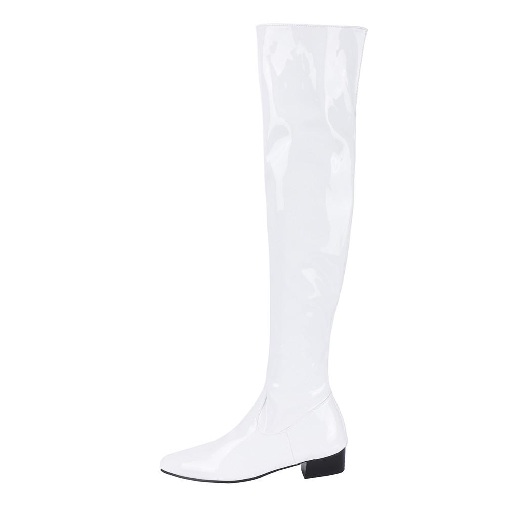 Модные женские сапоги-ботфорты конфетного цвета, размер для широкой голени 31~48, на массивном низком каблуке, с острым носком, из лакированной кожи, удобные, на молнии