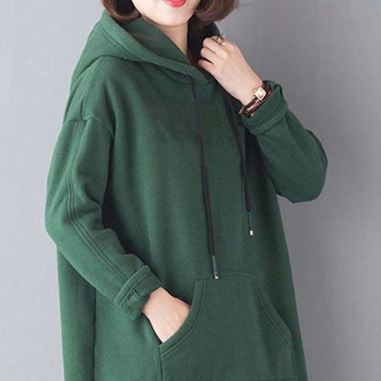 Женская толстовка с капюшоном на осень-зиму с большим карманом, завязками на шнурке, разрезом по низу, однотонная, свободная длина до колена