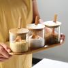 Glass Spice Jars with Bamboo Spoon 3pcs Seasoning Container Set Sugar Salt Pepper Organizer Condiment Bottles with Storage Base