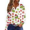 Women's Straight Shoulders Christmas Print Long Sleeve Straight Shoulders V-Neck Button T-Shirt Top