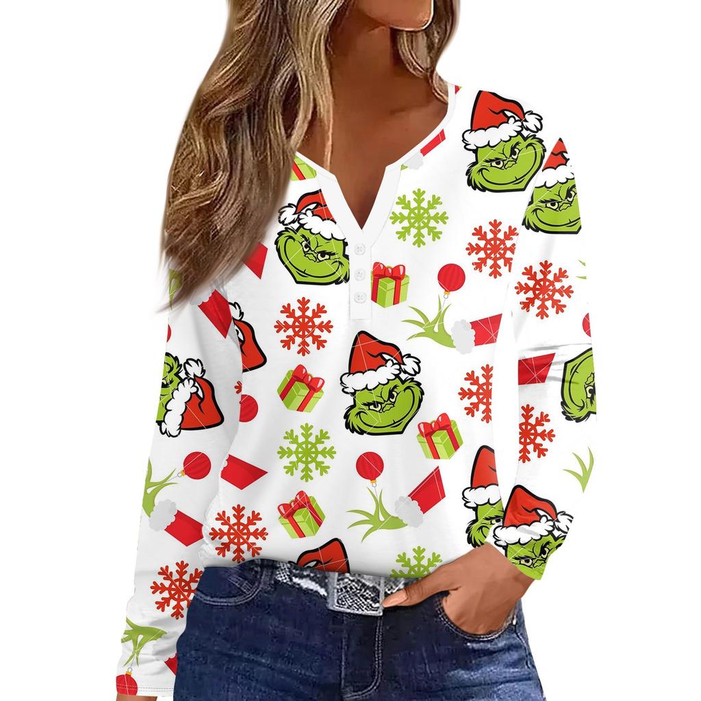 Women's Straight Shoulders Christmas Print Long Sleeve Straight Shoulders V-Neck Button T-Shirt Top
