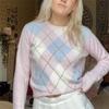 Осенний розовый повседневный свитер женский клетчатый с длинным рукавом модный пуловер трикотаж