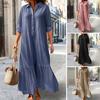Women's Cotton Linen Shirt Dress Long Sleeve V Neck Button Up Maxi Dress Casual Plus Size Flowy Long Dress