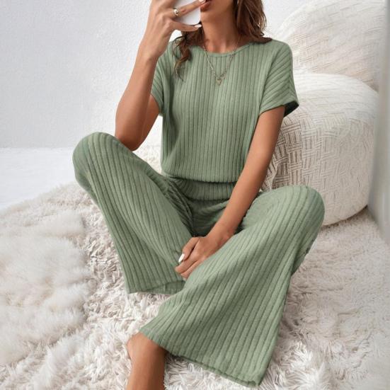 Женский комплект из двух частей, трикотажный свитер с коротким рукавом, топ с широкими штанинами, комплекты для отдыха, повседневный трикотажный наряд в рубчик для весны и осени