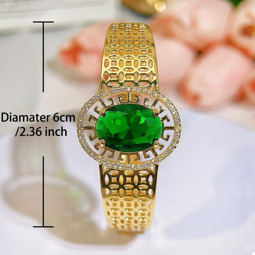 CMM Retro Palace Handmade Hollow Italian Brushed Metal Natural Green Zircon Light Luxury Wide Bracelet Bangle Hand Accessories