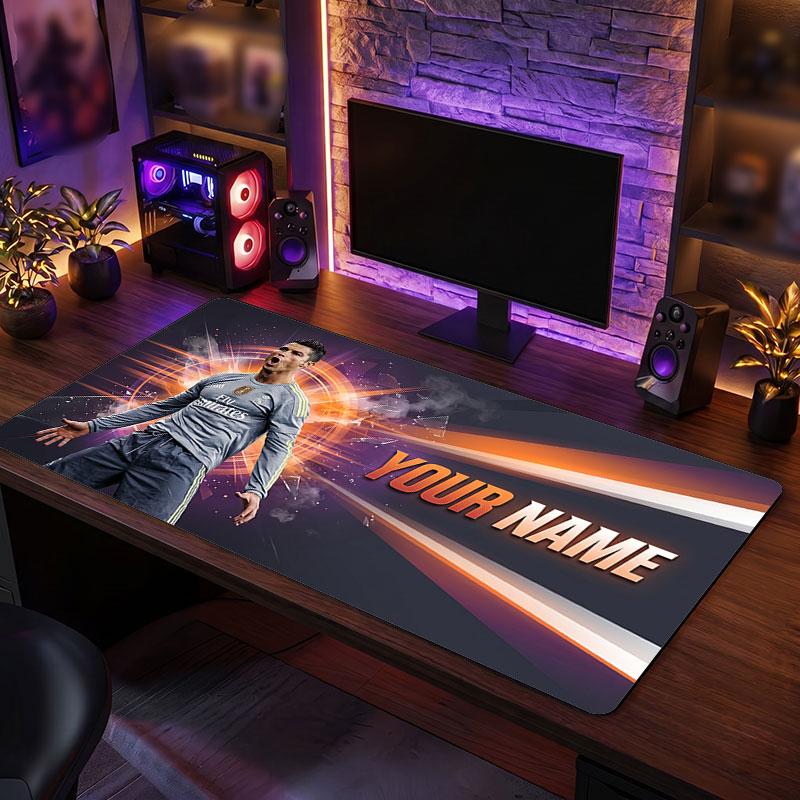 Cristiano Ronaldo Custom Large Mouse Pad, Personalized Name Text Print, Football Logo Non‑Slip Desk Mat Gaming Gift