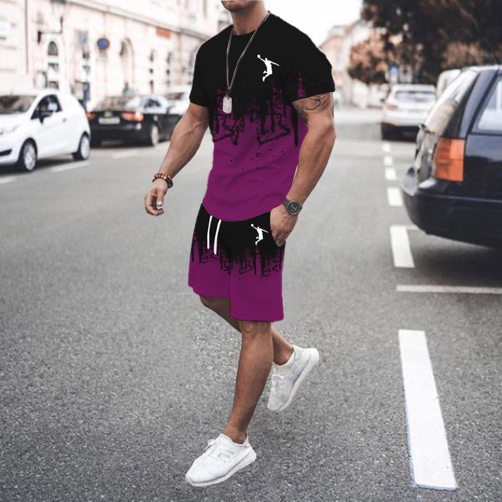 Лето 2024 года, популярный мужской комплект из футболки и шорт, мужской спортивный комплект с принтом для отдыха, модный комплект из футболки с коротким рукавом, мужской комплект для бега трусцой
