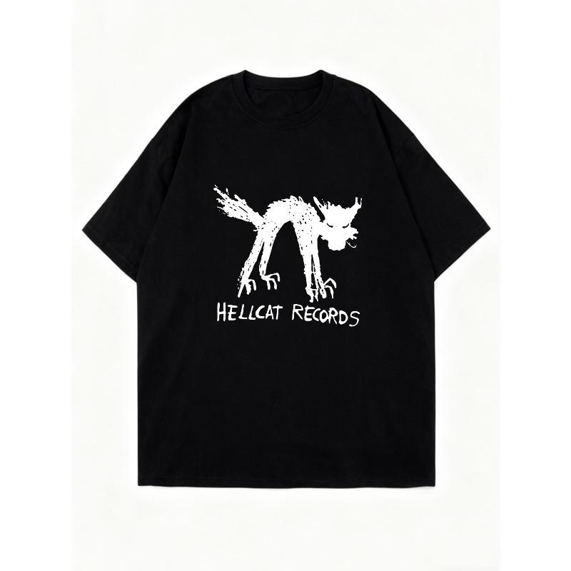 Оверсайз футболка черная Hellcat Records с принтом кота и текстом Streetwear Повседневная одежда