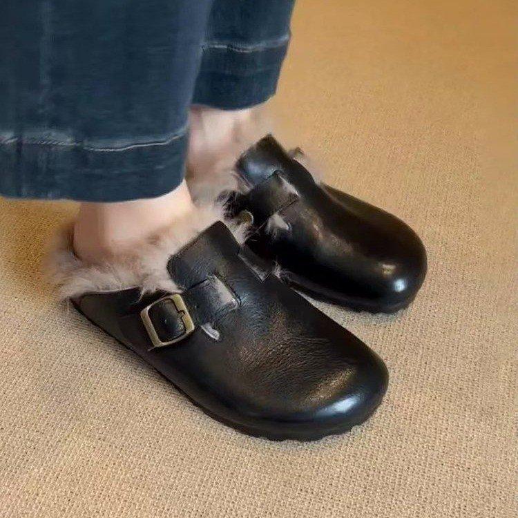 Retro Belt Buckle Polished Fluffy Shoes Women'S Autumn And Winter Lazy Comfortable One-Pedal Bag Head Large Size Cotton Shoes