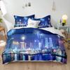 Blue Fireworks Duvet Cover Set 3D Romantic Theme Beautiful City Night New Year Festival Accessories for Kids Teens Bedroom Decor