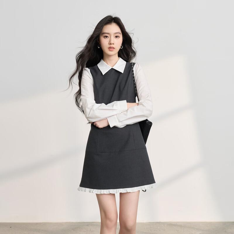 Sancai 2026 Spring Lapel Faux Two-Piece A-Line Dress