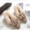 Big Size Crystal Beading Fur Moccasins Women Winter Shoes Square Toe Warm Plush Loafers Female Glitter Pearl Mink Fur Flats