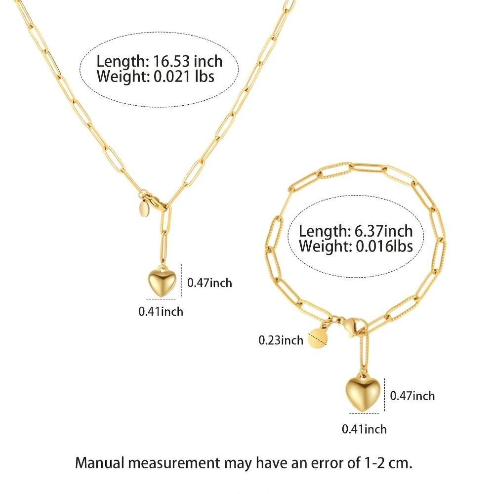 2-Piece Necklace Bracelet Set Gold Heart Pendant Necklace Set New Paperclip Chain Set For Women