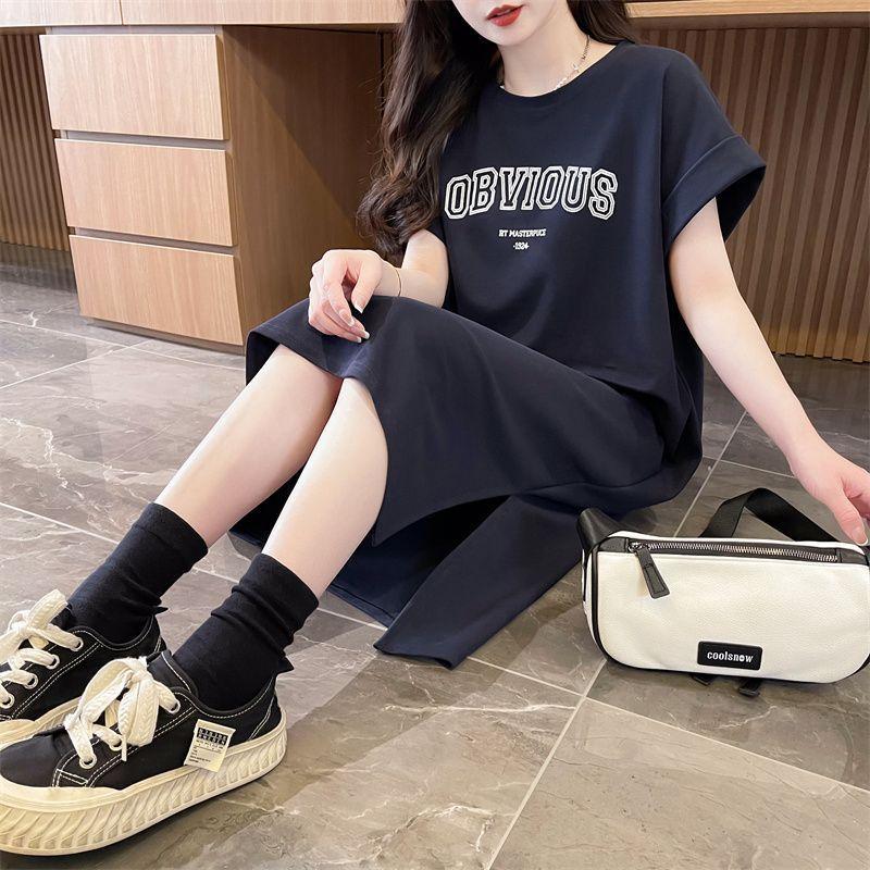 Женское платье-футболка, летнее, ленивое, свободное, утягивающее, с разрезом, короткими рукавами