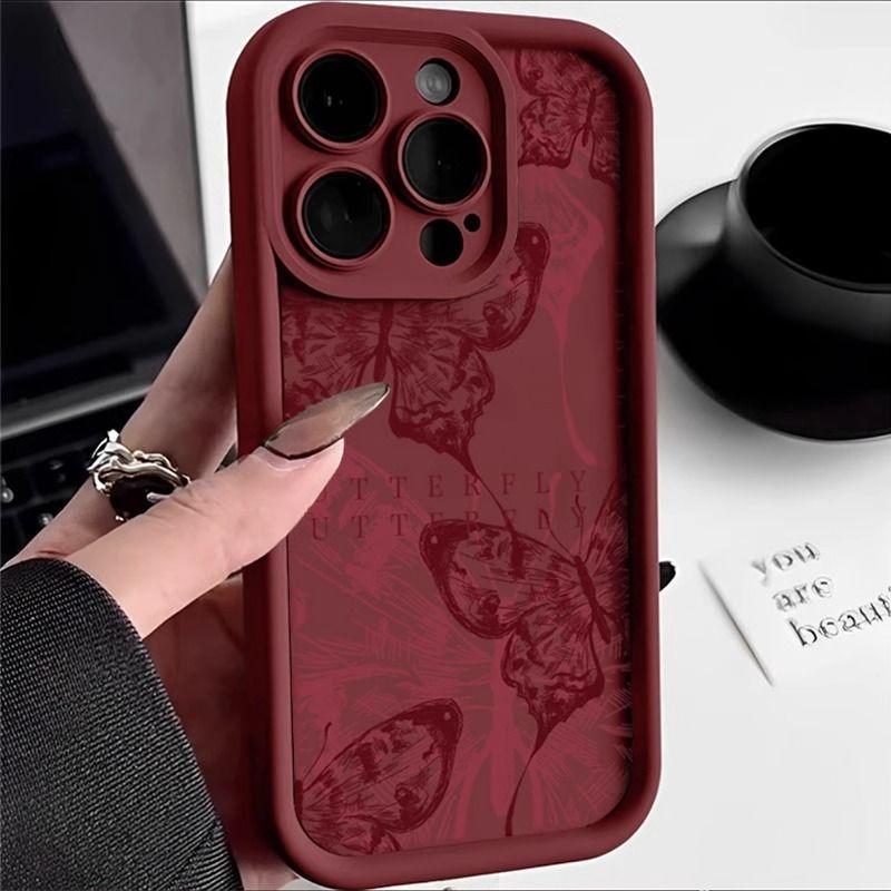 Retro Red Butterfly Silicone Couple Phone Case For iPhone 17 Air 16 e 15 14 13 12 11 Pro Max Plus Mini SE 2020 2022 Back Cover