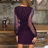 Women Evening Dress V Neck See Through Mesh Patchwork Long Sleeve Shiny Slim Fit Tight Waist Sheath Solid Color Party Prom Mini Dress