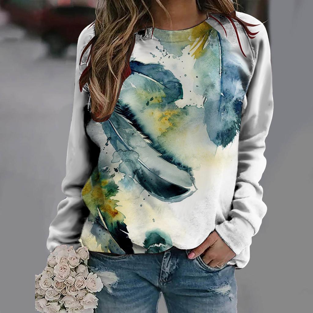 2024 Европейский и Американский женский 3D Перо Печатный Круглый вырез Повседневный и модный Топ CudgeonTee