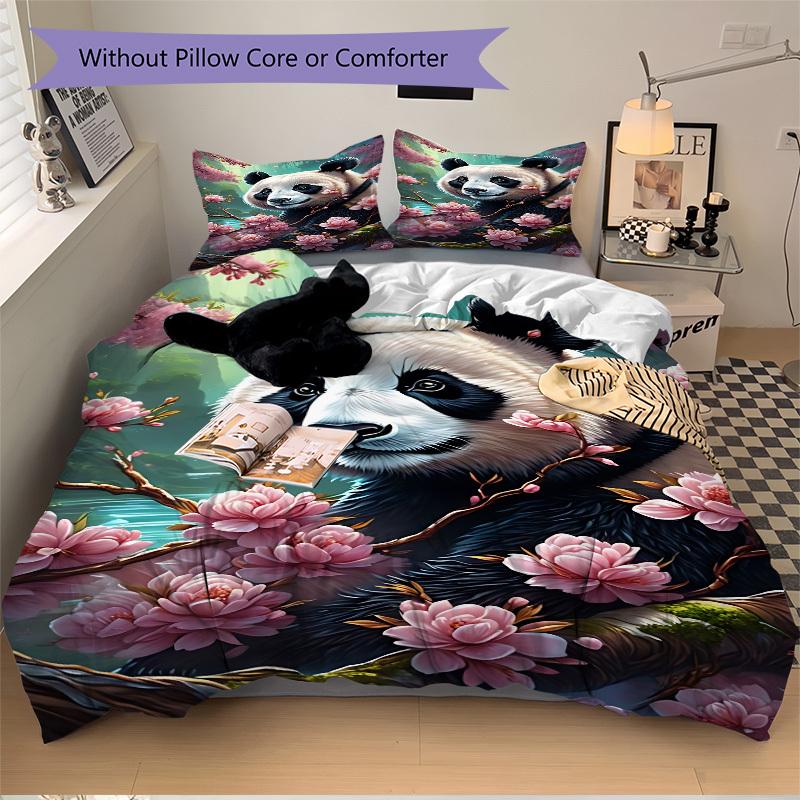 3pcs Panda, Cherry Blossom Duvet Cover Set -Includes 1 Duvet Cover and 2 Pillowcases, No Quilt Core, All-Season Home Decor yy251111198
