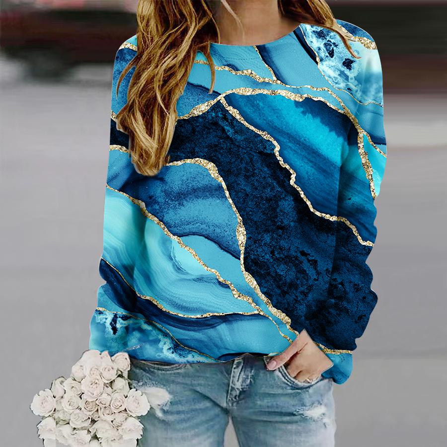 Tops For Women Oil Painting Rivers Print Round Neck Long Sleeve T-shirt Fall Casual Slim Pullover Women's Long Sleeve Top