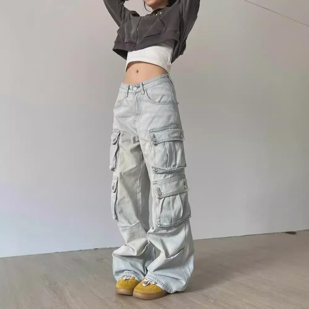 Women's Autumn Retro Straight-Leg Multi-Pocket Washed Jeans In Street-Style Casual Fit