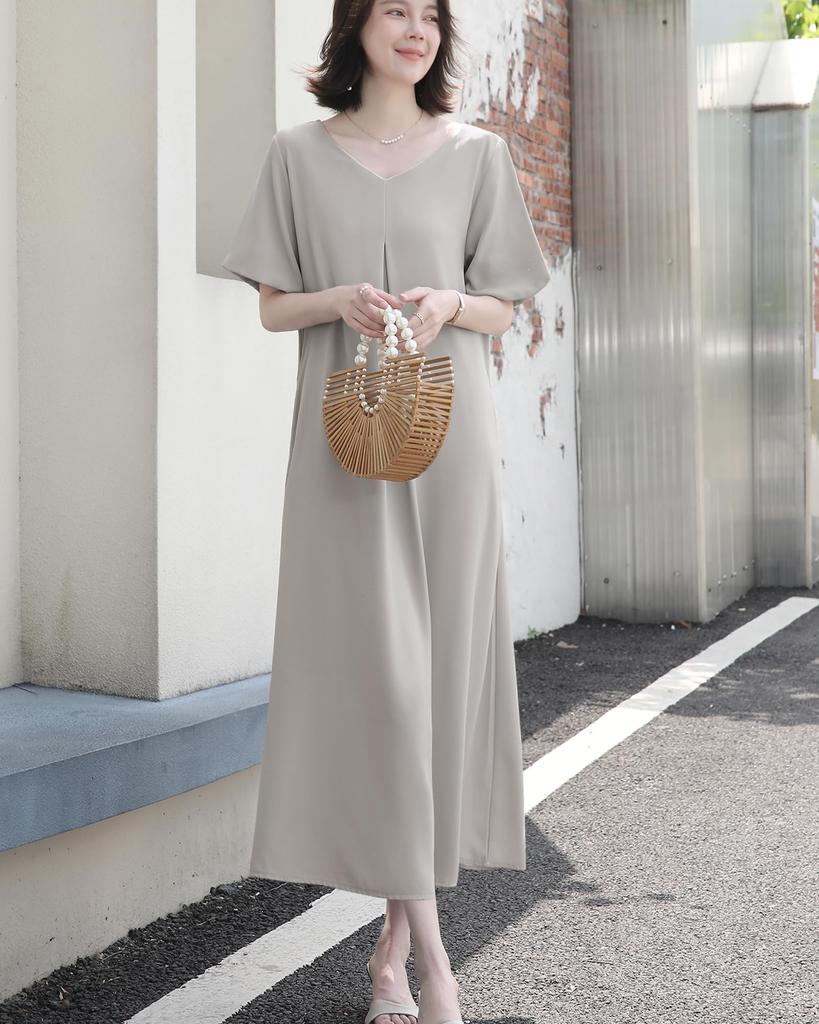 Yino Длинное платье с и короткими свободными рукавами-буфами плюс Летнее женское V-образный вырез Защип, Рукава, Милое, Посадка, Рукава, Карманы, Размеры, Стройнящее, Стильное, Элегантное,