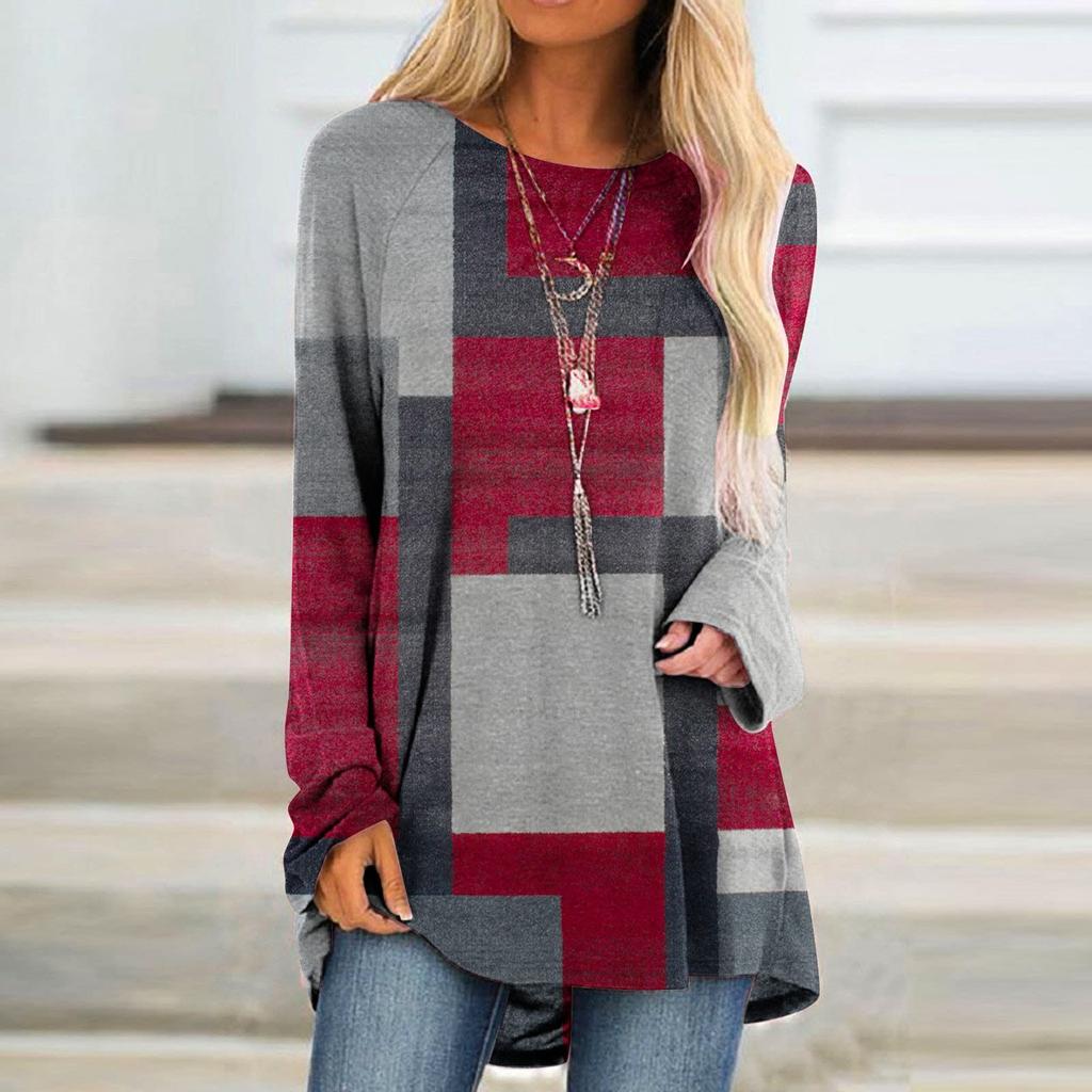 Women's Fashion Casual Irregular Patchwork Color Print Loose Medium Long Long Sleeve Top