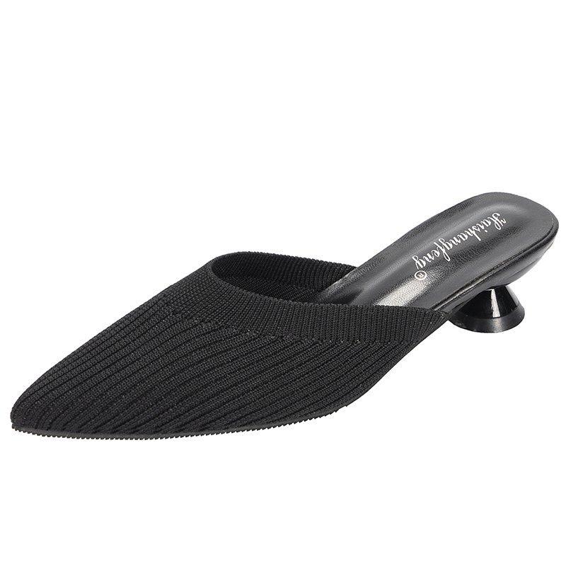 Тапочки на среднем каблуке с острым носком, женская летняя обувь, пикантные сандалии, вязаные эластичные сетчатые шлепанцы с открытой пяткой, дышащие шлепанцы, обувь на мелком каблуке