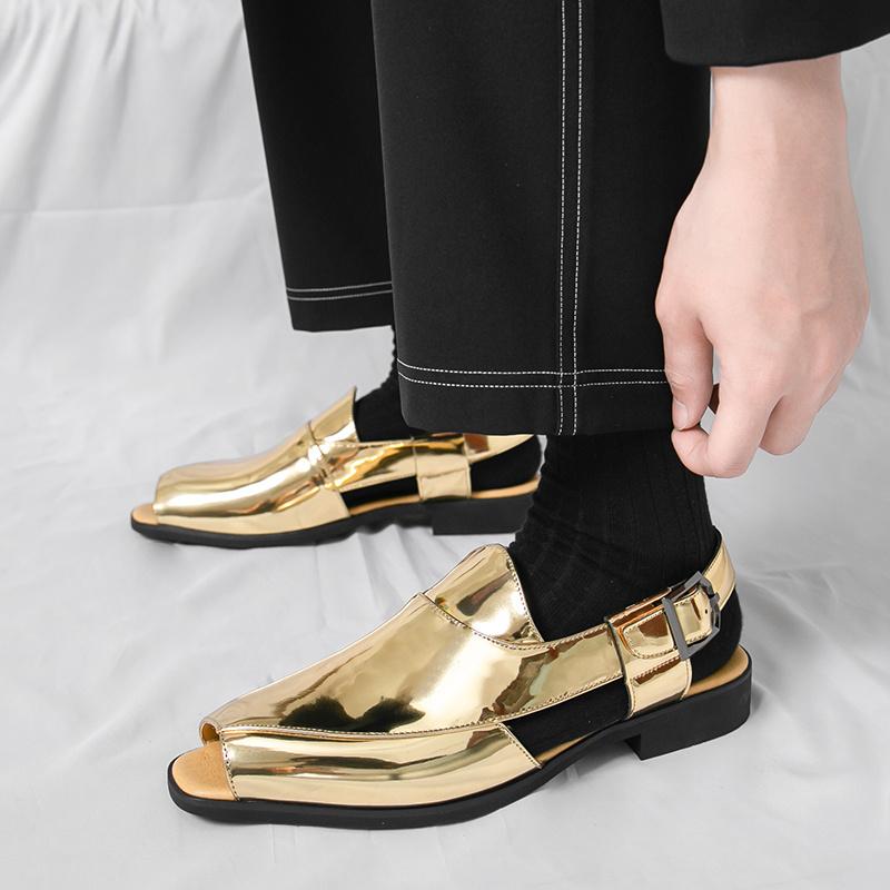 Luxury Gold Sandals Men Italian Style Dress Sandals Man Casual Leather Shoes Designer Fish Mouth Sandals Men Sandalias De Hombre