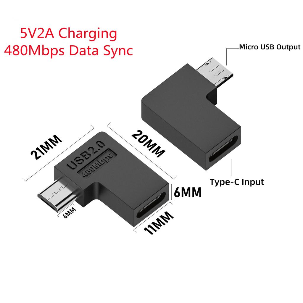 90 Degree Left Right U-Shaped USB 2.0 Type-C Female to Micro-USB Male Adapter 5V 2A Charging Data Connector for Android Phones Tablet Devices